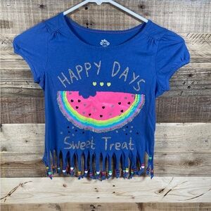365 Kids Neon Watermelon Blue Girls (8) Beaded Fringe Tee Shirt Short Sleeve Top